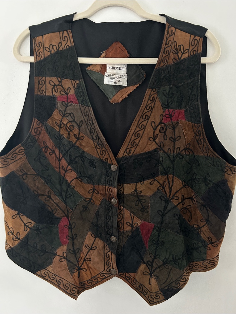 VTG Fashion Bug Patchwork Leather Vest Embroidered Floral Eclectic Grandma Y2K - Picture 14 of 14